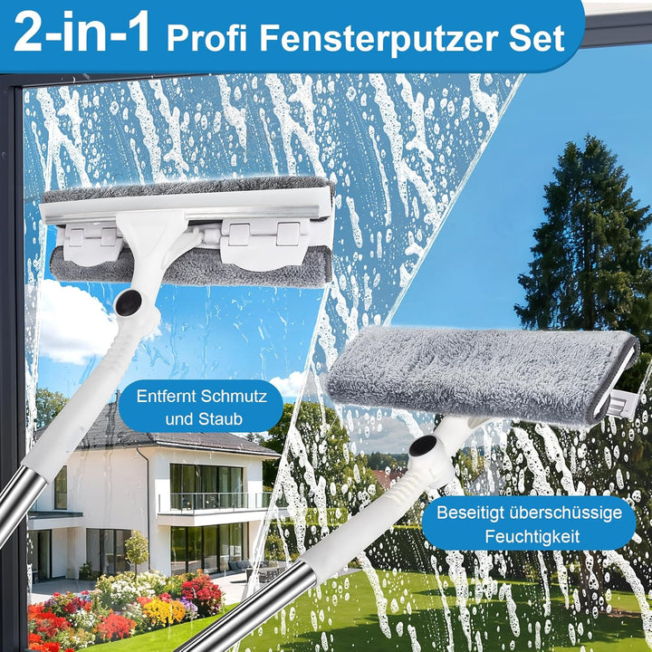 3,85m Teleskop Fensterwischer Set, 2 in 1 Profi Fensterputzer Set, Teleskopstange Fensterreinigung m