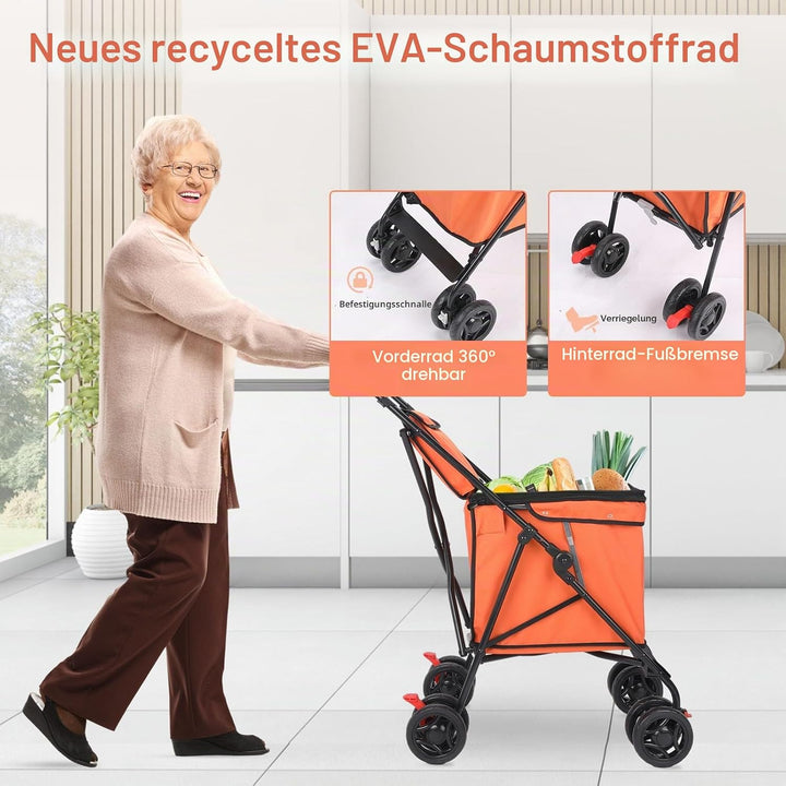 Faltbarer Einkaufswagen, patentiert, 27,2 kg Kapazität, minimalistisch, Orange