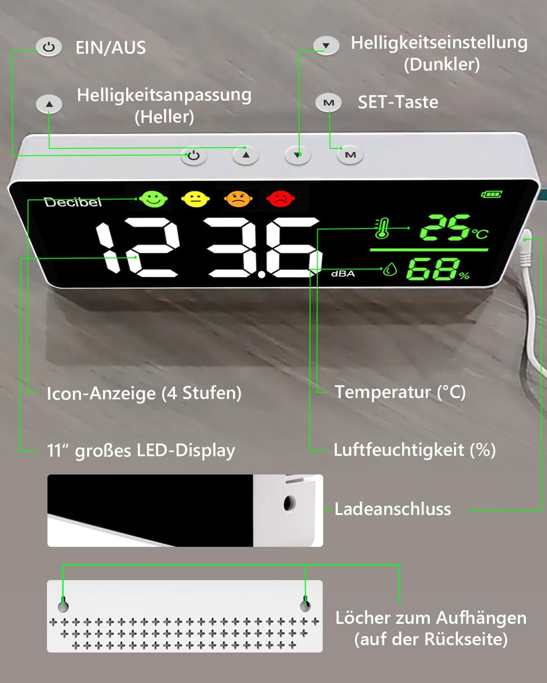 Digitaler Dezibelmessgerät, 3 In 1 Schallpegelmesser Wandbehang Schallpegelmessgerät mit Temperatur