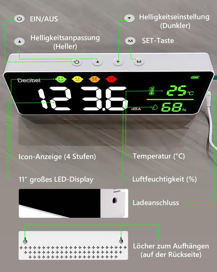 Digitaler Dezibelmessgerät, 3 In 1 Schallpegelmesser Wandbehang Schallpegelmessgerät mit Temperatur