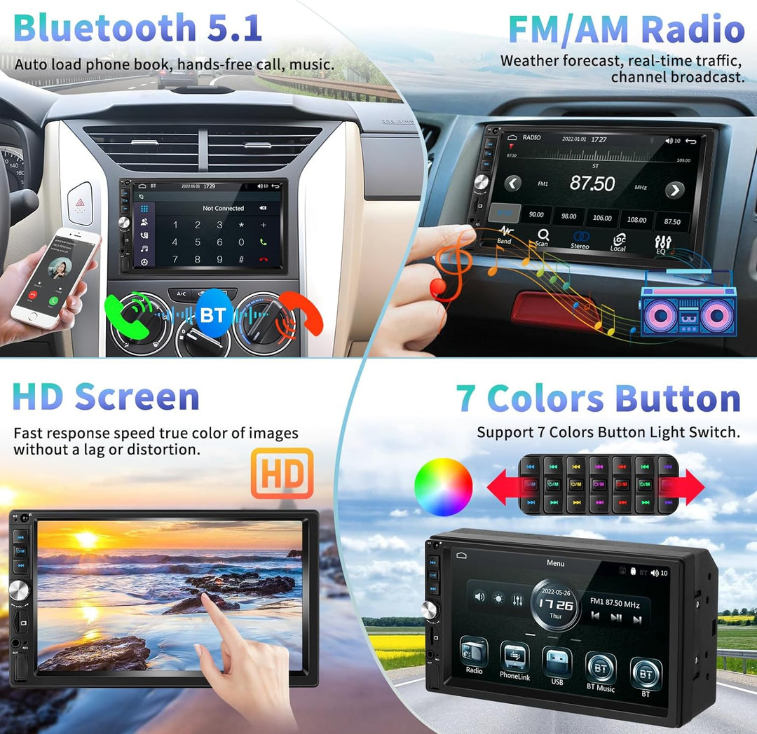 Podofo Autoradio 2 Din mit Apple CarPlay, Android Auto und Bluetooth, 7 Zoll Auto Stereo Radio mit H