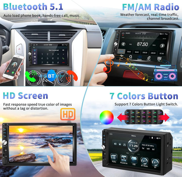 Podofo Autoradio 2 Din mit Apple CarPlay, Android Auto und Bluetooth, 7 Zoll Auto Stereo Radio mit H