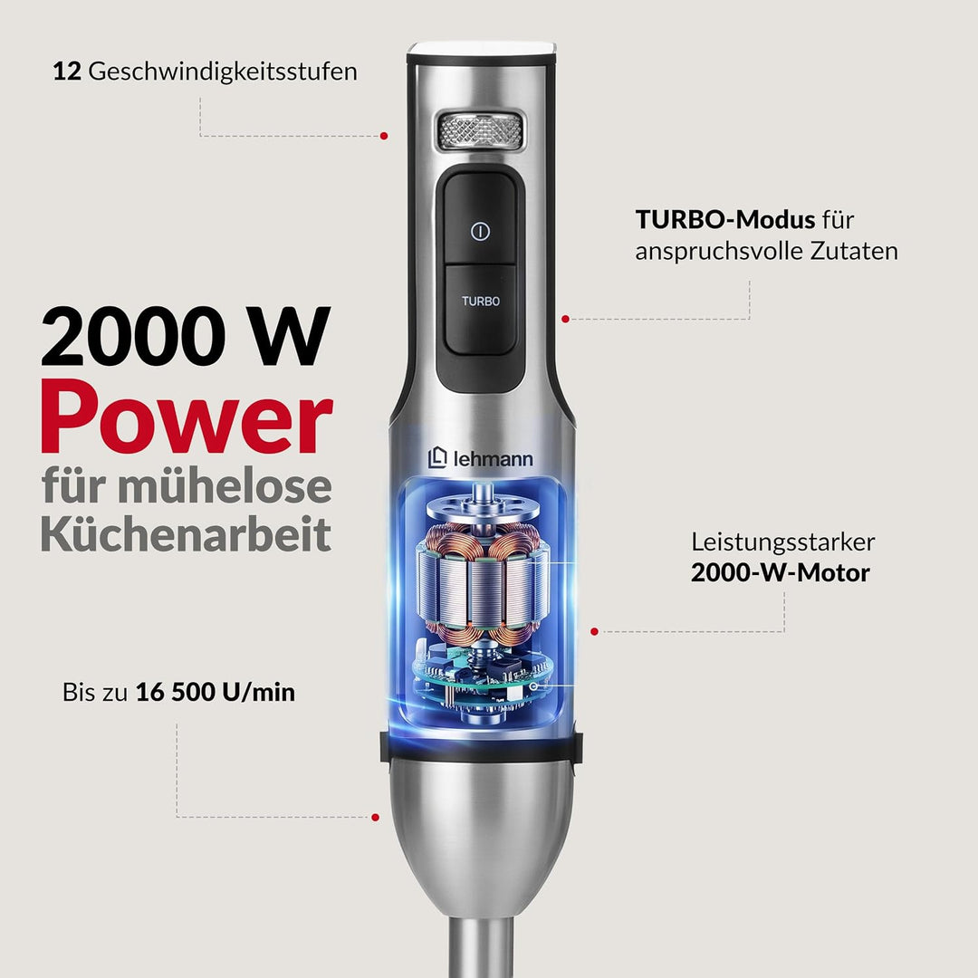 LEHMANN Stabmixer Set 2000 W, Multifunktions Pürierstab 10-in-1, 12 Stufen &amp; Turbo-Funktion, 12 Zube