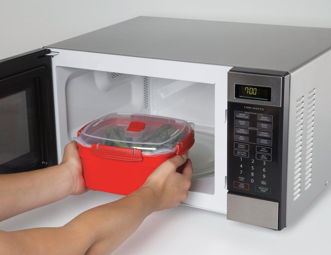 Sistema Microwave Reiskocher, 2,6 l, rot/transparent & Microwave Dampfgarer, mittelgross mit herausn