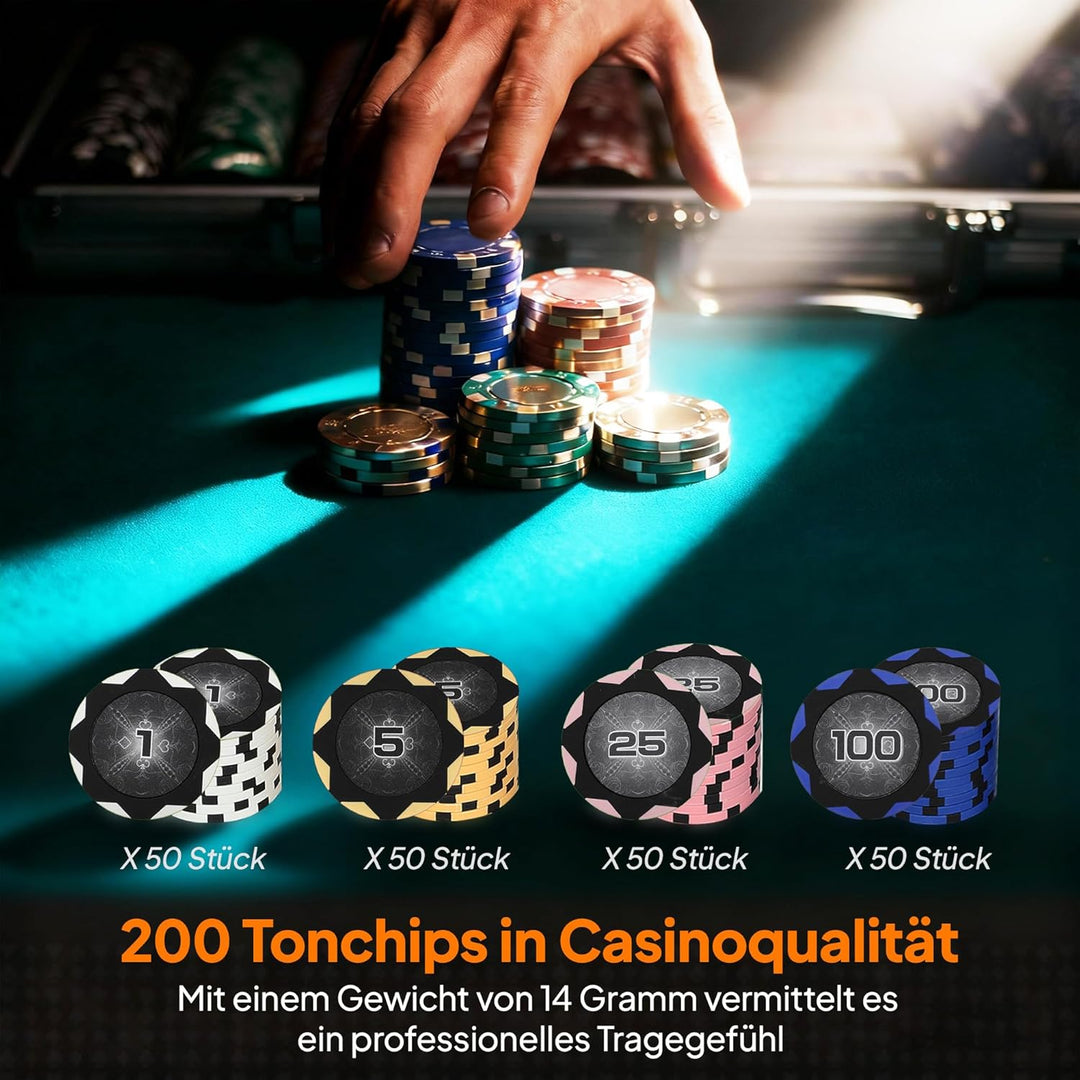 SPORTNOW Pokerkoffer abschliessbar Pokerset mit Koffer 200 Clay Chips Karten 5 Würfel Dealer Button