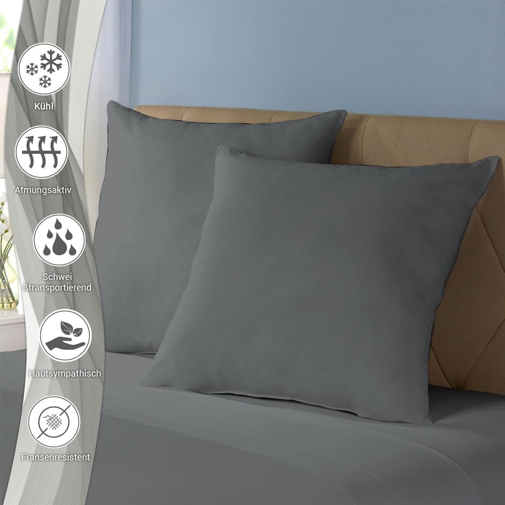 Pizuna Luxuriöser Soft-Satin 2er Pack Kissenbezug 80x80 cm Anthrazit Grau, 600 Fadenzahl Baumwolle K