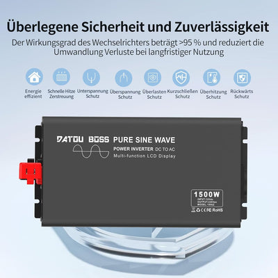 DATOUBOSS Wechselrichter 1500W Reiner Sinus 12V auf 230V Spannungswandler Spitzenleistung 3000W mit