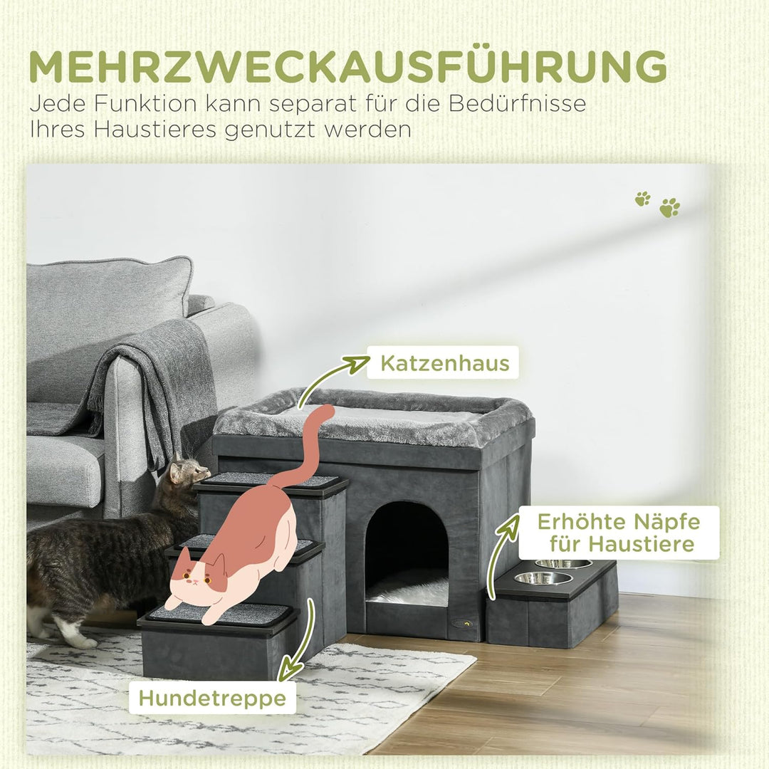 PawHut Katzenhöhle Katzenbett mit Kissen, Treppe, 2 Edelstahlnäpfen, Trennwand, Liegefläche, Katzenh