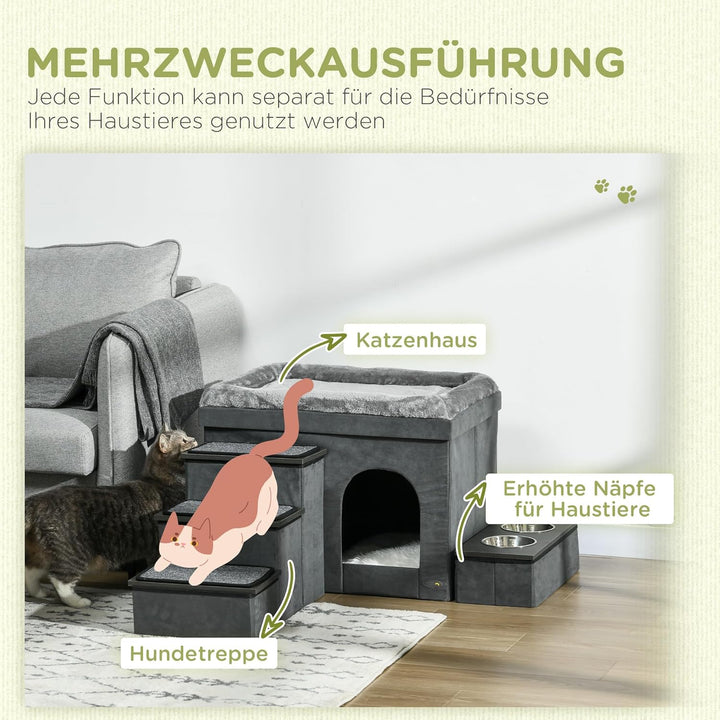 PawHut Katzenhöhle Katzenbett mit Kissen, Treppe, 2 Edelstahlnäpfen, Trennwand, Liegefläche, Katzenh
