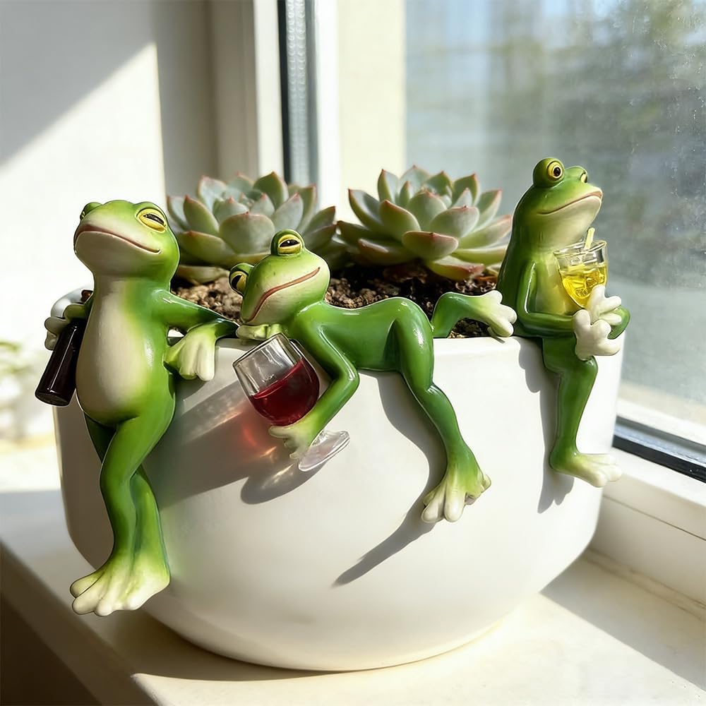 3 Stück Frosch Blumentopf Hänger, Frosch Deko Garten, Harz Lustige Figuren Gartendeko, Gartenfigur S