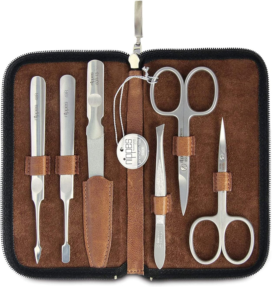nippes Solingen Premium Line Maniküre Set Whiskey, 6-teilig, Edelstahl rost- und nickelfrei, Rindsle