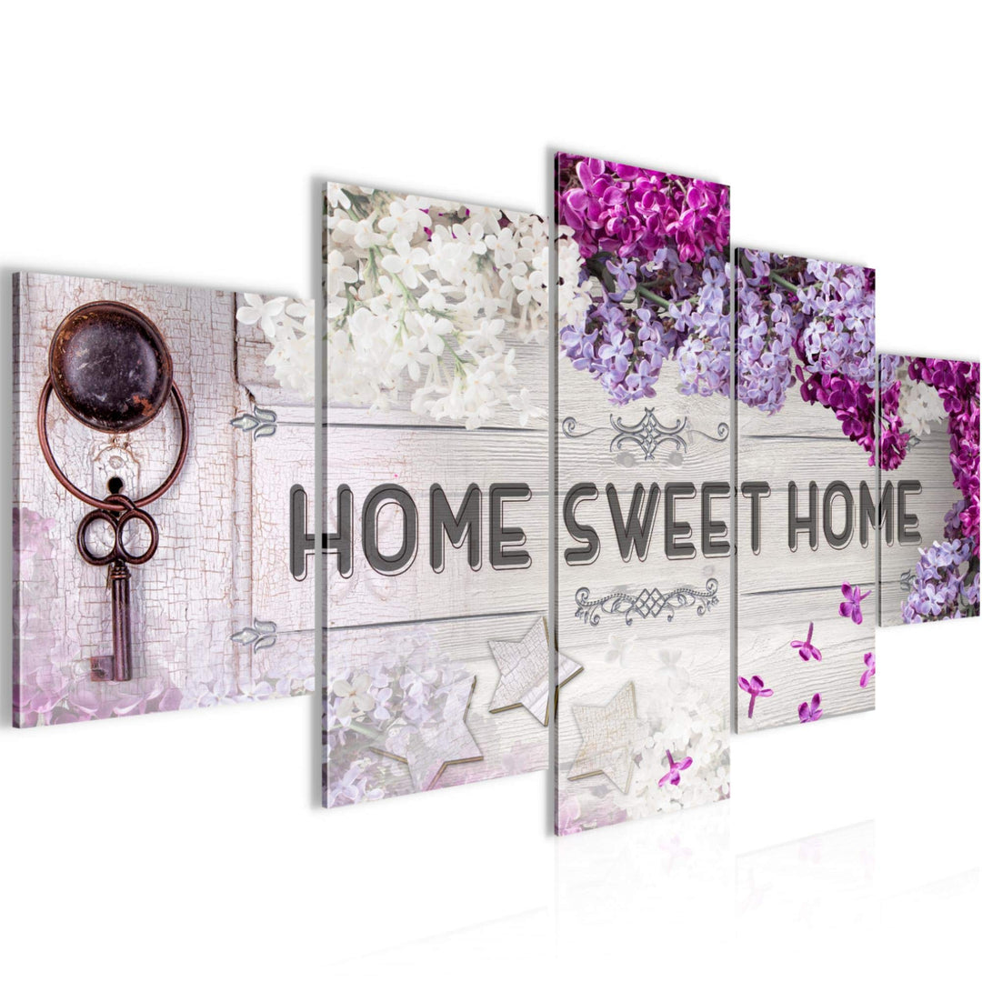 Runa Art Wandbilder Home Sweet Home 5 Teilig Bild auf Vlies Leinwand Deko Wohnzimmer Flieder Violett
