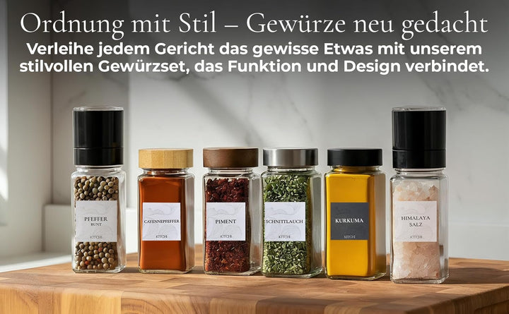 KITCHI Gewürzgläser 24er Set mit 2 Mühlen – schwarze Deckel Schwarz + 2 Mühlen, Schwarz + 2 Mühlen