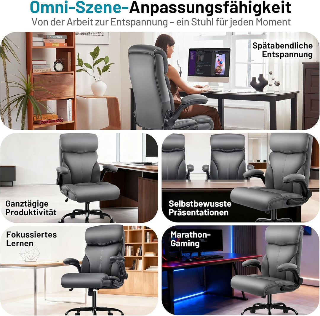 Chefsessel aus PU-Kunstleder, Bürostuhl Ergonomisch mit Verstellbaren Armlehnen und Hoher Rückenlehn