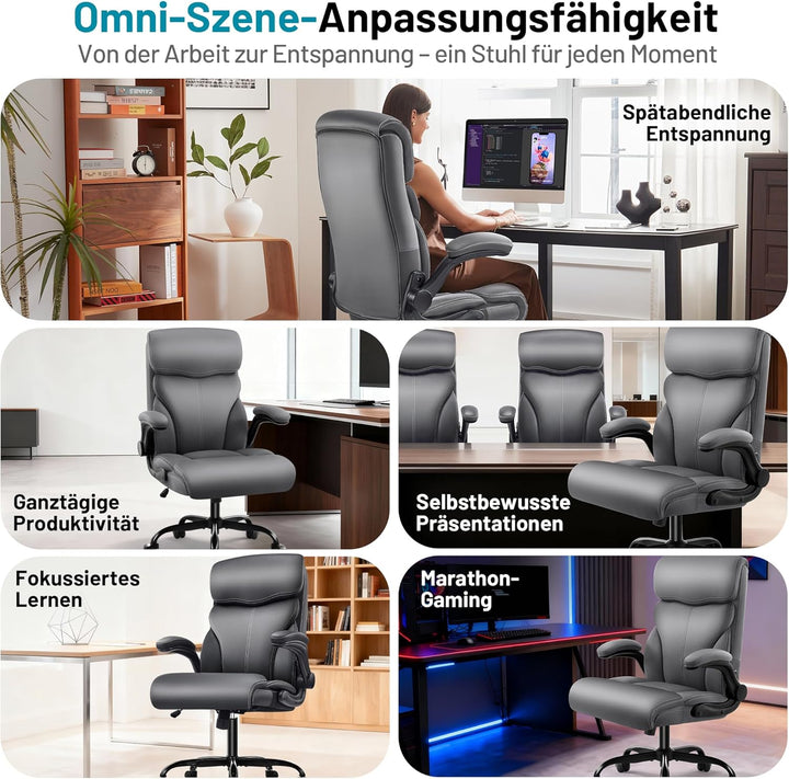 Chefsessel aus PU-Kunstleder, Bürostuhl Ergonomisch mit Verstellbaren Armlehnen und Hoher Rückenlehn