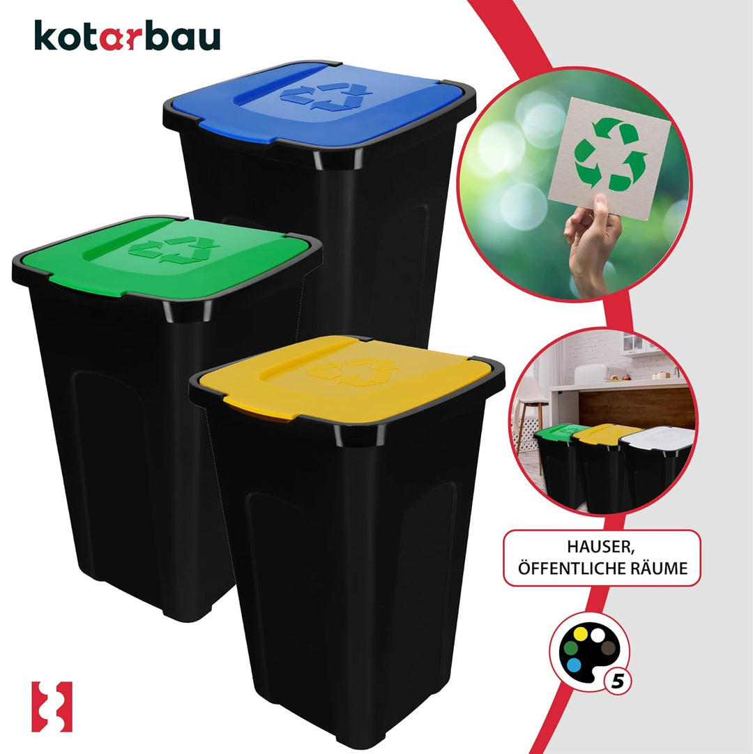 KOTARBAU® Müllbehälter 3er Set Gelb Blau Grün - Mülltrennungssystem mit Deckel, 50l Mülltonne für Ha