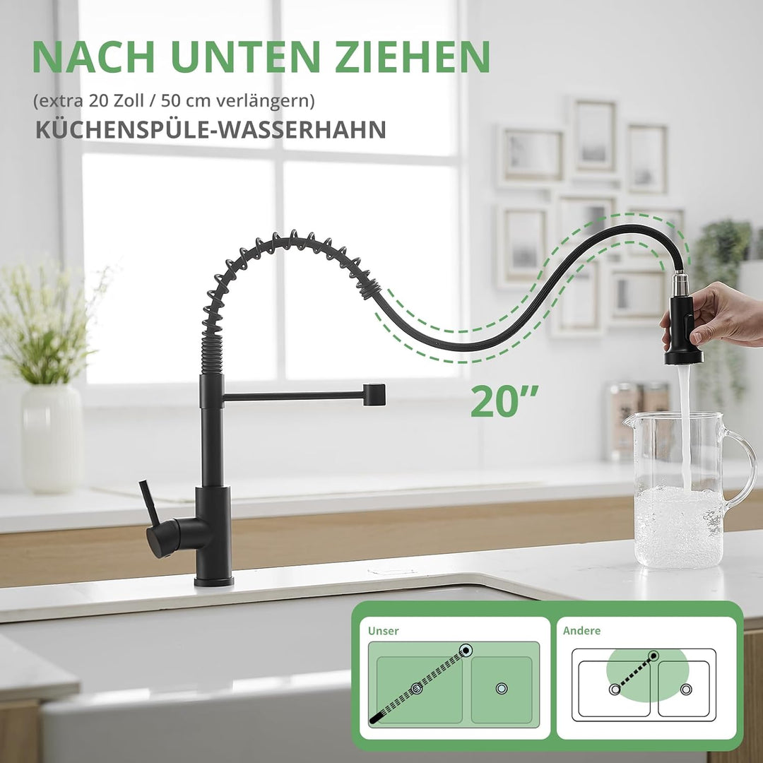 TIMACO Schwarz Wasserhahn Küche, Hochdruck-Küchenarmatur mit herausziehbarer Brause,Mischbatterie Sp