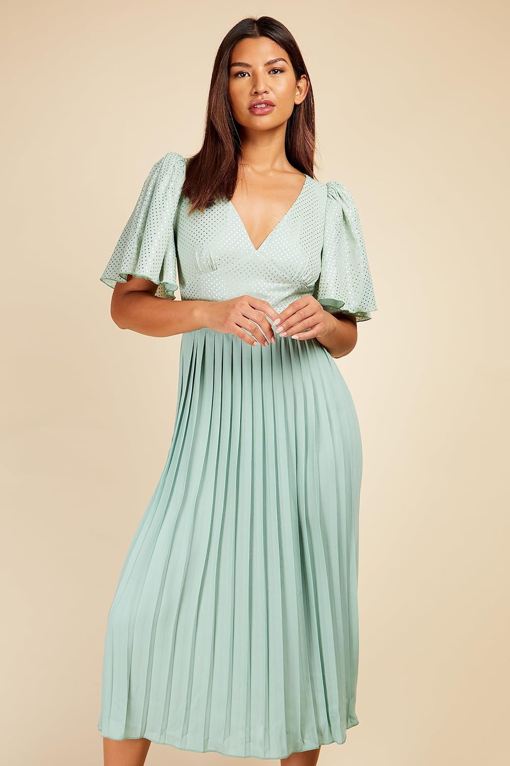 Little Mistress Damen Salbei Plissee Midaxi Kleid für besondere Anlässe 36 Graugrün, 36 Graugrü