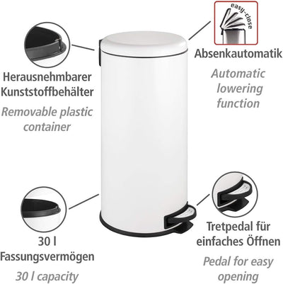 WENKO Küchen Abfalleimer Leman, 30 Liter, Mülleimer mit Absenkautomatik, Tretfunktion, herausnehmbar