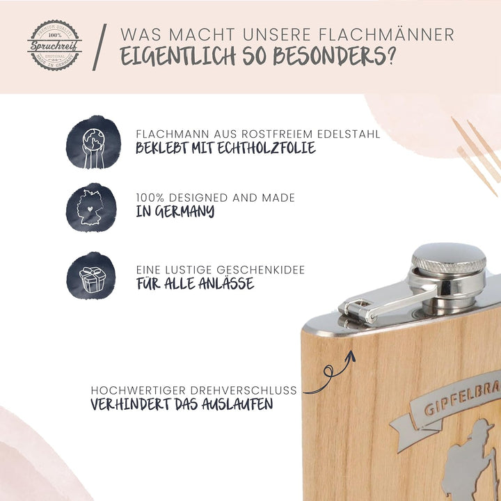 Spruchreif | Flachmann aus Edelstahl mit Gravur | Geschenkidee Wanderer | Outdoor Gipfel Brause, Gip
