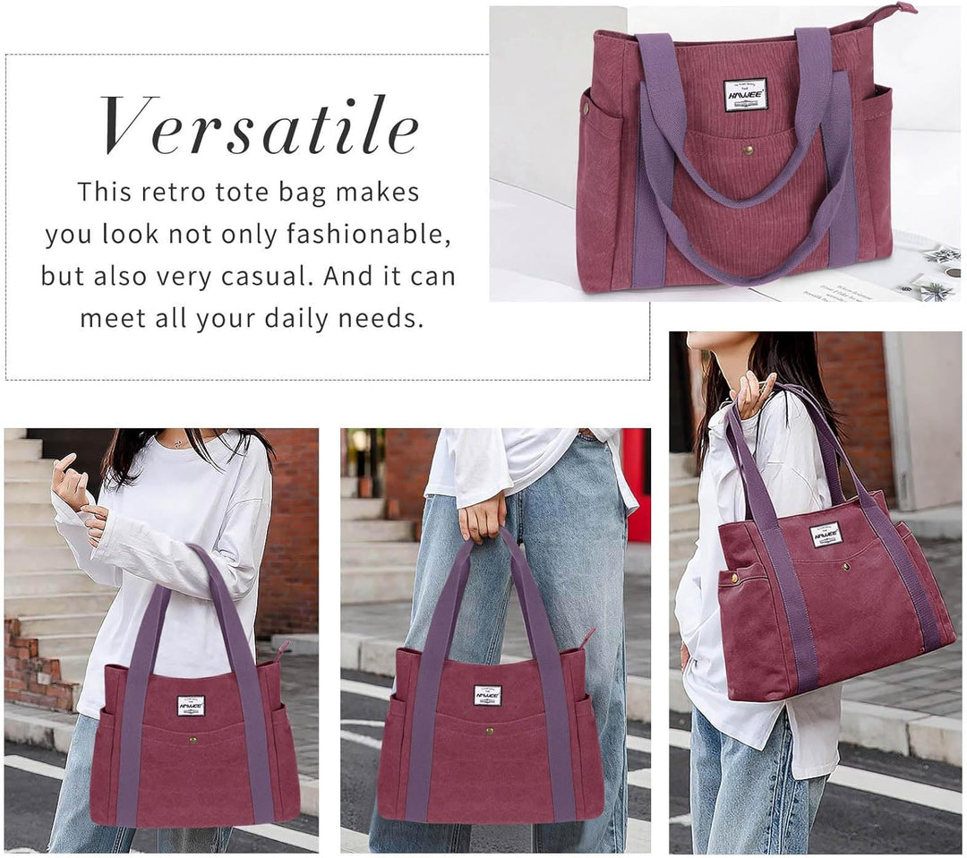 HAWEE Canvas Damen Handtasche Shopper Tote Bag Grosse Schultertasche mit Reissverschluss Umhängetasc