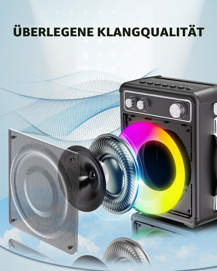 BONAOK Tragbare Karaoke-Maschine, Bluetooth-Karaoke-System mit 2 Mikrofonen, wiederaufladbare Party-