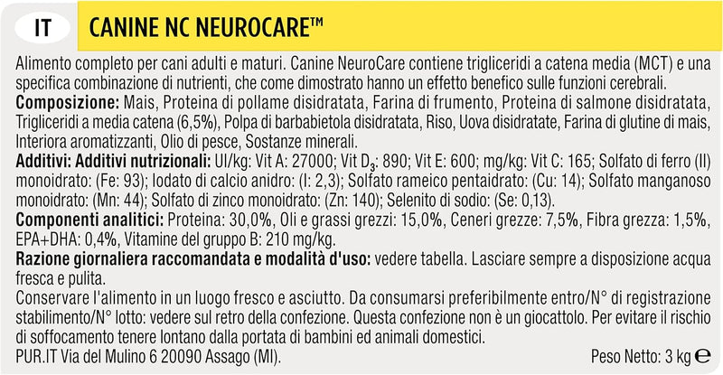 PRO PLAN NC Neurocare Hund | 3 kg | Alleinfuttermittel für Hunde Aller Rassen | Mit Öl aus mittelket