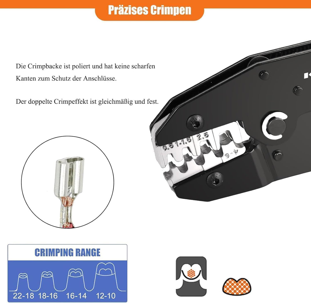KF CPTEC Open-Barrel Crimpzange AWG 22–10 (0,5–6 mm²) für nicht isolierte Kabelschuhe & Flachstecker