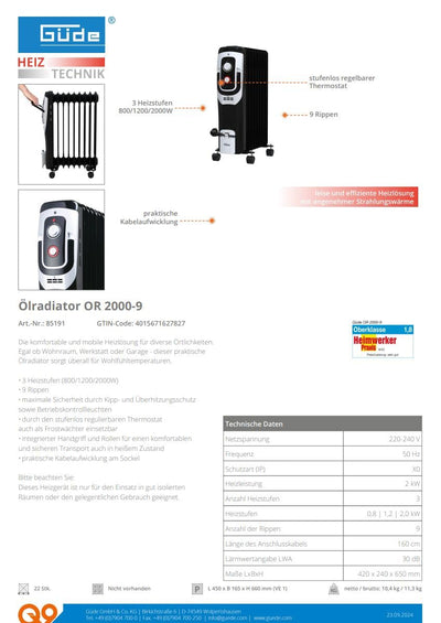 Güde 85191 Ölradiator OR 2000-9 (220-240 V, 2000 W Heizleistung, 3 Heizstufen (800/1200/2000 W), 9 R