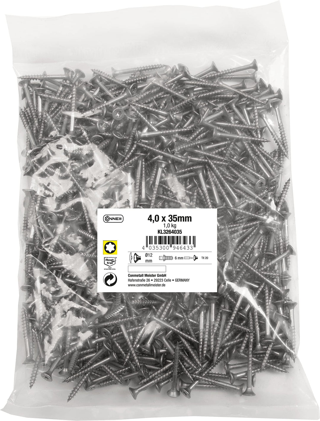 Connex Universalschrauben 4,0 x 35 mm - 1 kg Grosspack - Senkkopf - TX-Antrieb - Teilgewinde - Edels