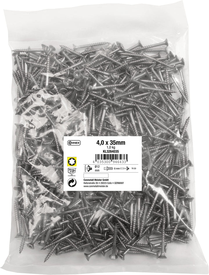 Connex Universalschrauben 4,0 x 35 mm - 1 kg Grosspack - Senkkopf - TX-Antrieb - Teilgewinde - Edels