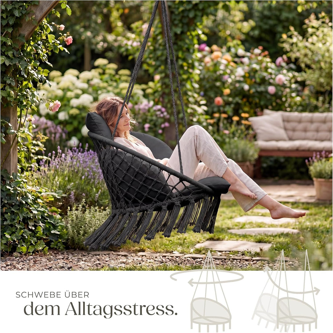 tectake® Hängesessel, Hängeschaukel mit dicken Kissen & Quasten, Boho Hängekorb Ø 80 cm, Hängesessel