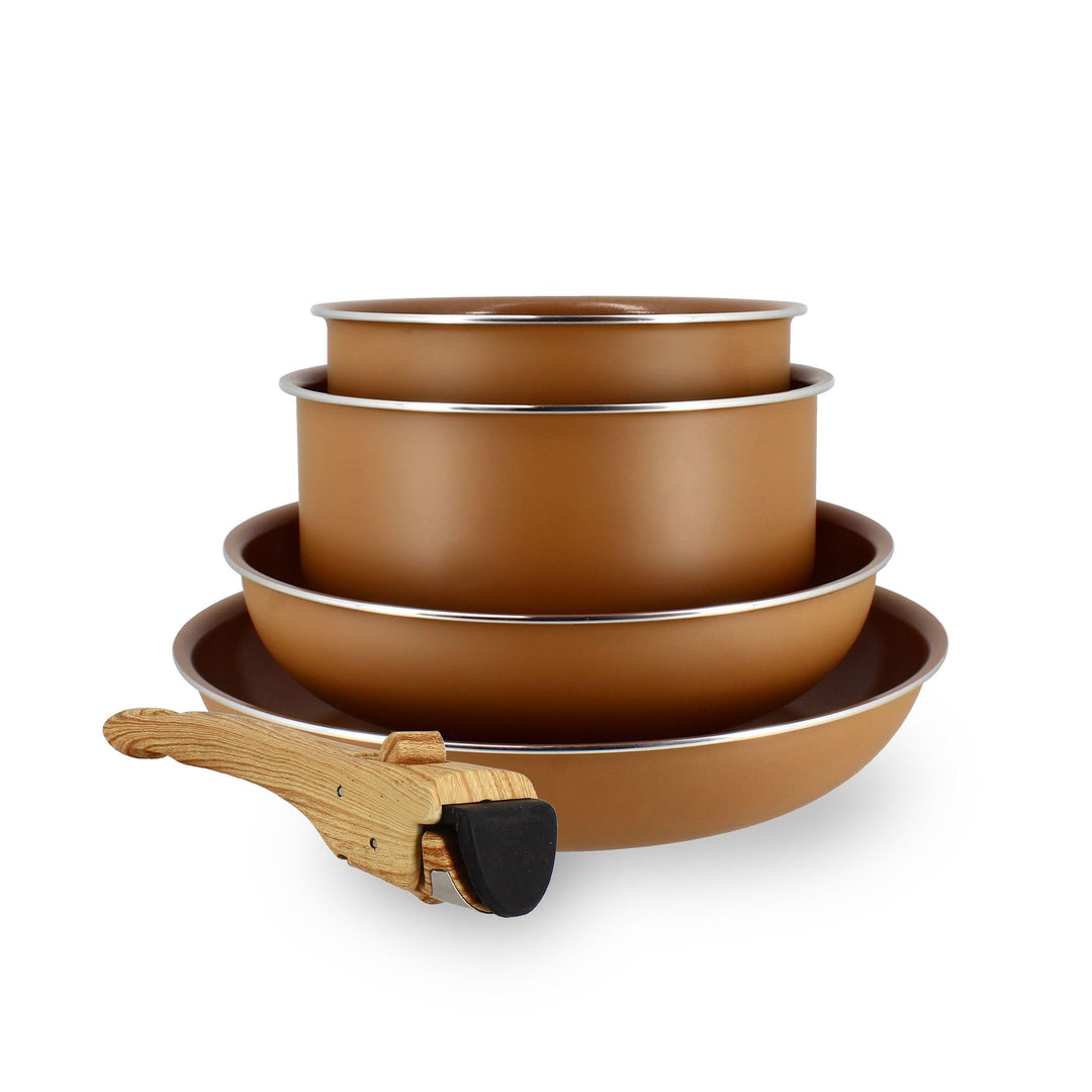 MENASTYL - Kochgeschirr, 5-teilig, Haselnuss – recyceltes Aluminium – 2 Pfannen 22 cm und 26 cm + 2