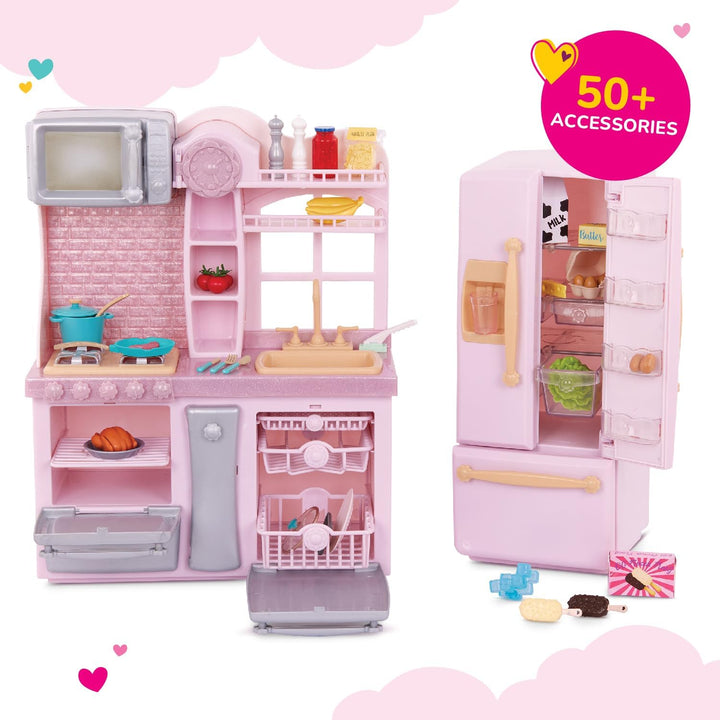 Our Generation - Gourmet-Küchen-Set - Pinker Kühlschrank & Küche Spielset - Kochen & Spielzeugessen