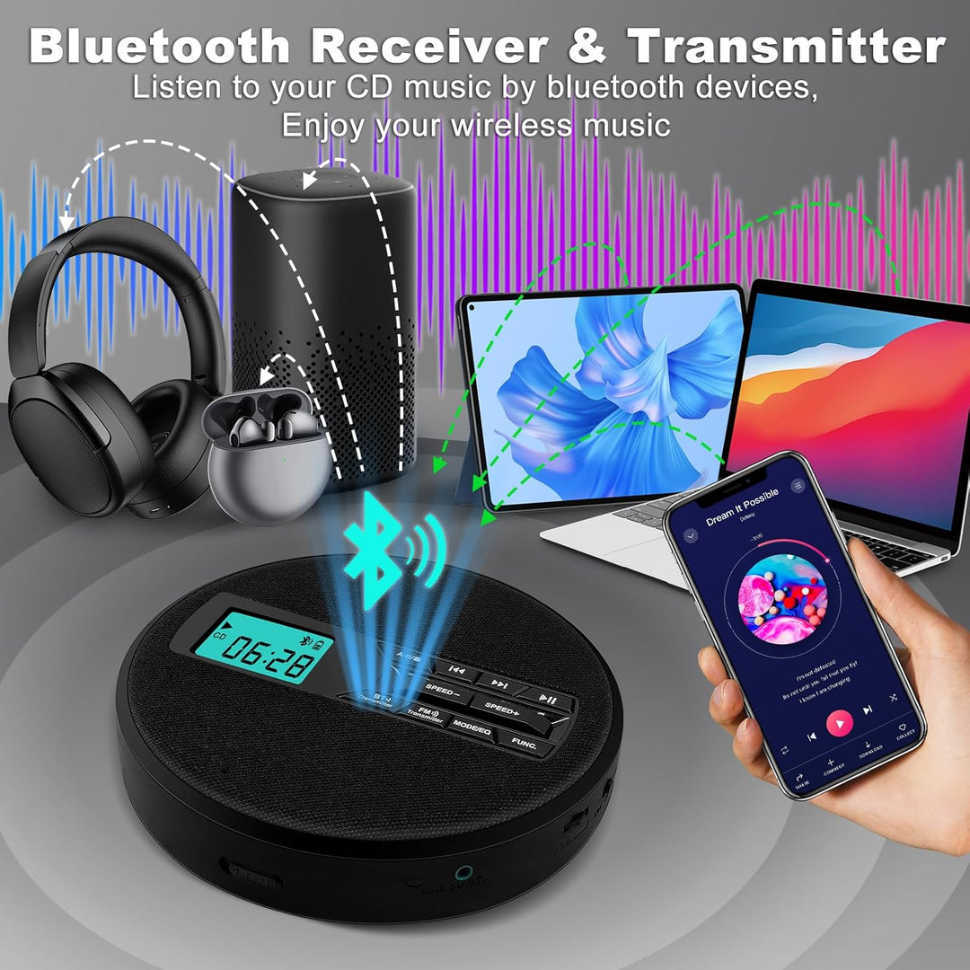 Tragbarer CD-Player mit Dual-Lautsprechern | Antischock, USB/AUX, LCD-Display | 5 EQ-Modi, A-B Repea