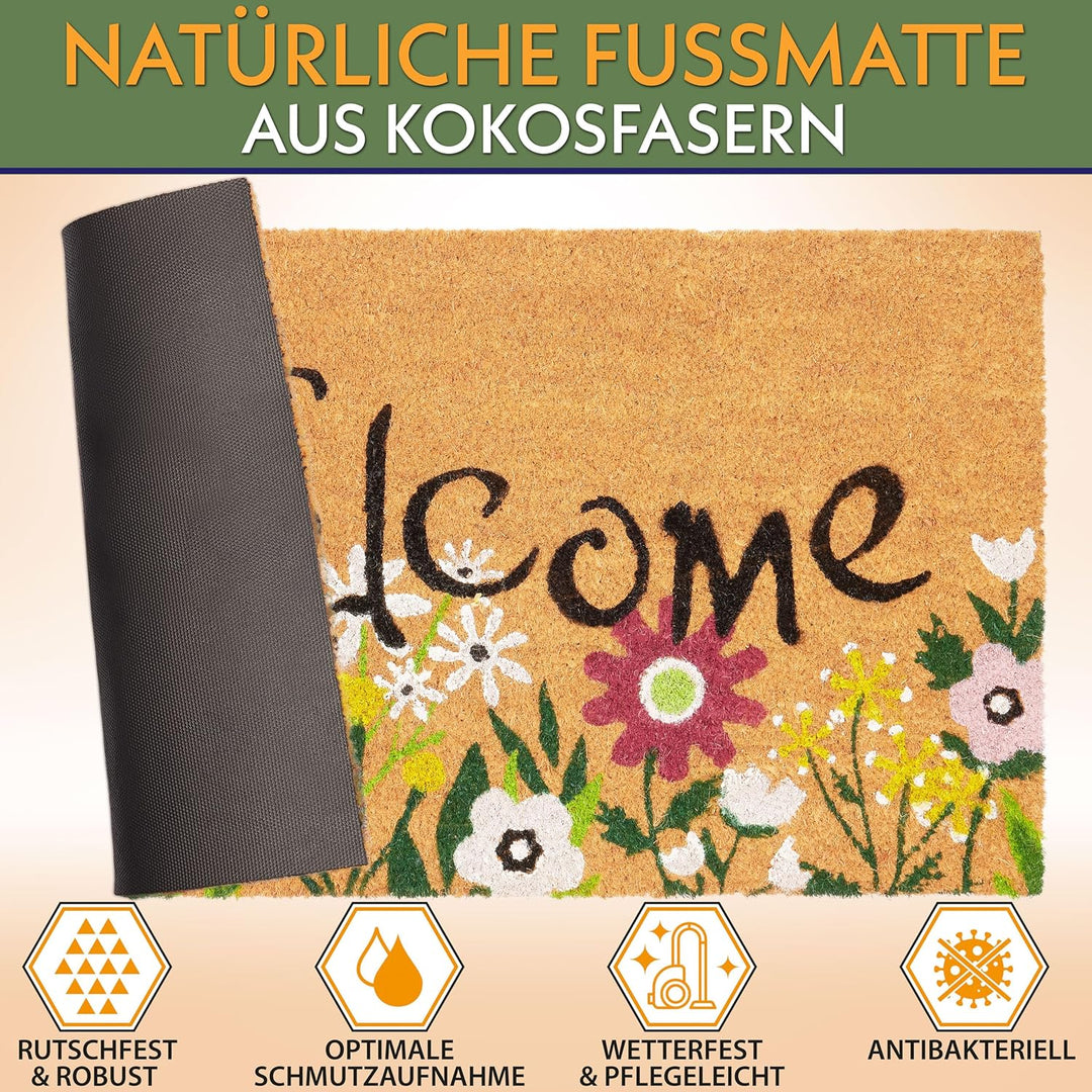 BRUBAKER Fussmatte für Aussen und Innen - Welcome mit Blumenwiese - 45 x 75 cm Schmutzfangmatte aus