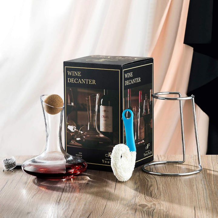 Weinkaraffe Weinbelüfter Set mit Trockenständer, Stopfen, Bürste und Perlen, Dekanter, Weindekanter,