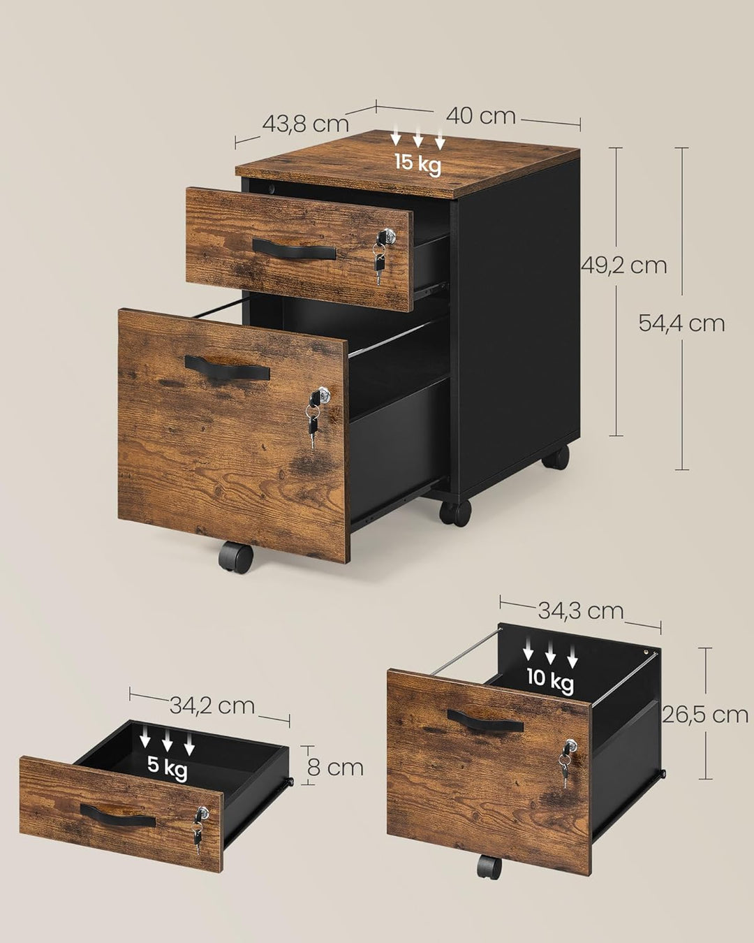 VASAGLE Rollcontainer, abschliessbar, Aktenschrank mit 2 Schubladen, 5 Rollen, verstellbare Hängesta