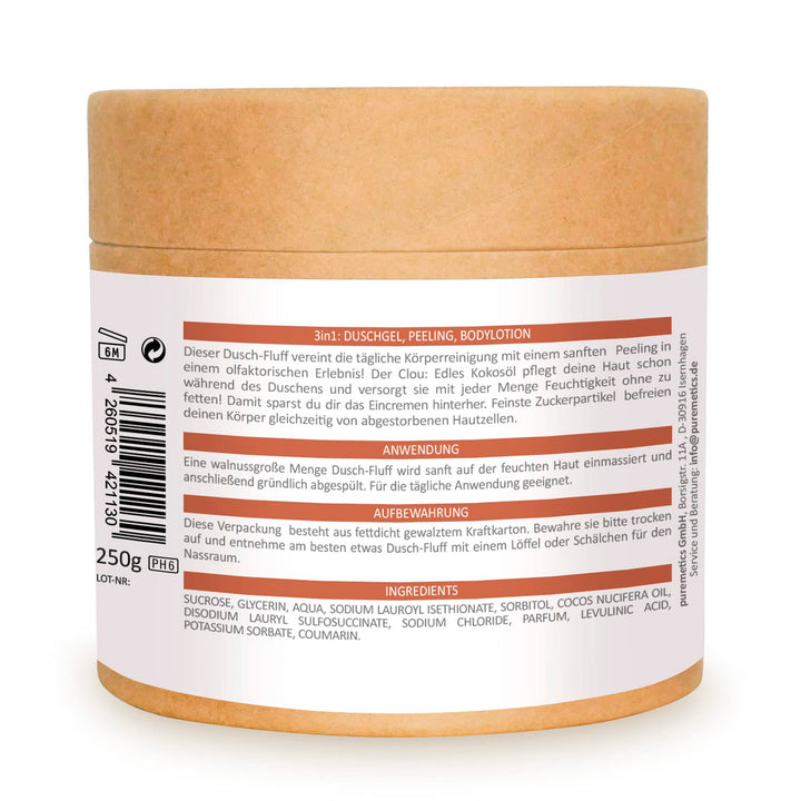 puremetics 3in1 Dusch-Fluff Mandelmilch mit Zuckerpeeling, 250g Duschgel, Peeling und Lotion in Eine
