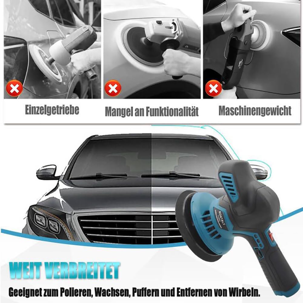 Akku Auto Poliermaschine 12V,Kabelloser Polierer mit 2x 3.0AH Akku,6 Drehzahlregulierung,145mm Polie