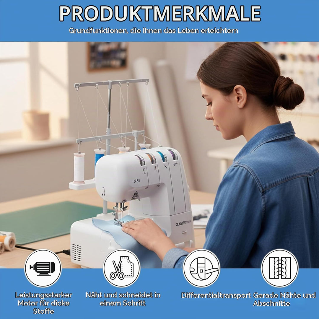 GLAESERhome | Overlock Nähmaschine ol 50 | Näht u. Schneidet in einem Arbeitsschritt | Overlock Masc