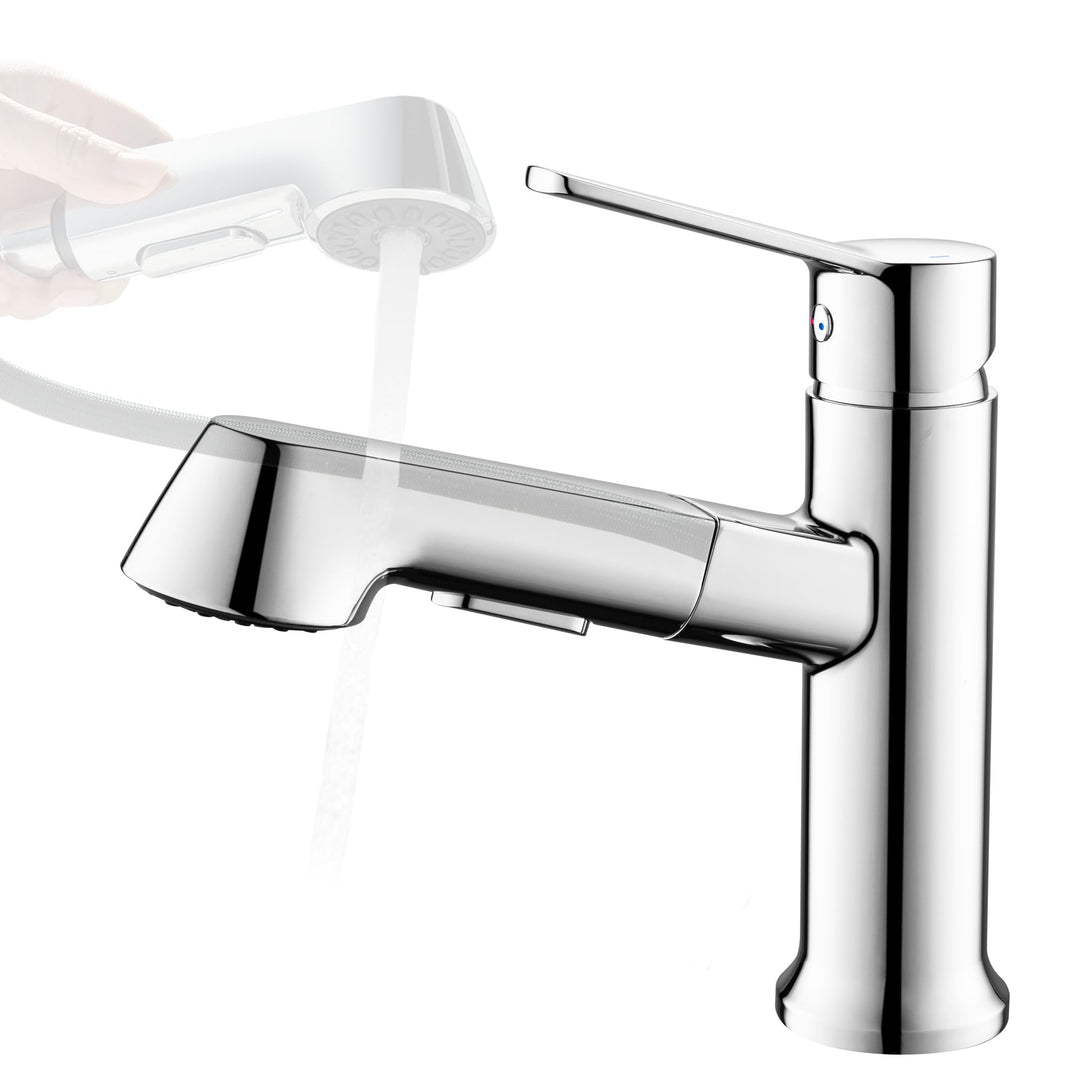 Waschtischarmatur ausziehbar mit Brause, Moderne Wasserhahn Bad Armatur mit 2 Strahlarten, Badarmatu