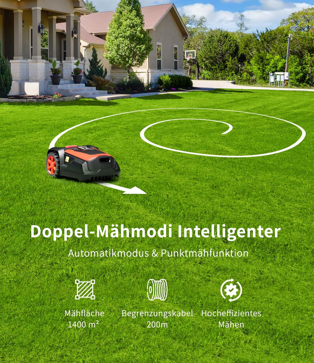 M1 Mähroboter mit Begrenzungskabel für Gärten bis 1400m², Rasenmäher Roboter mit Schnitthöhe 25-6mm,