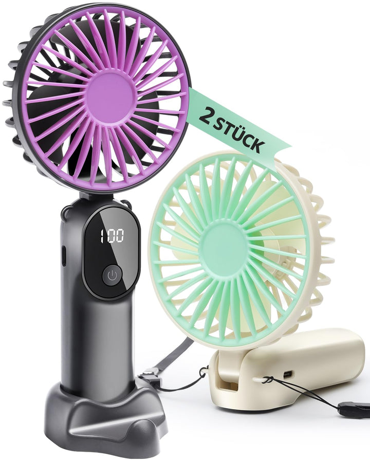 2 Stück Mini Handventilatoren Akku Aufladbar,Tragbarer USB Klein Hand Ventilator Sehr Leise,LED Anze