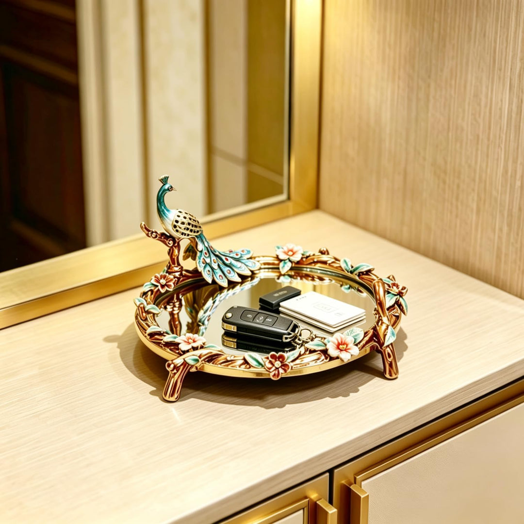 Decorative Peacock Vanity Mirror Tray, Enamelled Metal with Floral Design, Turquoise and Gold