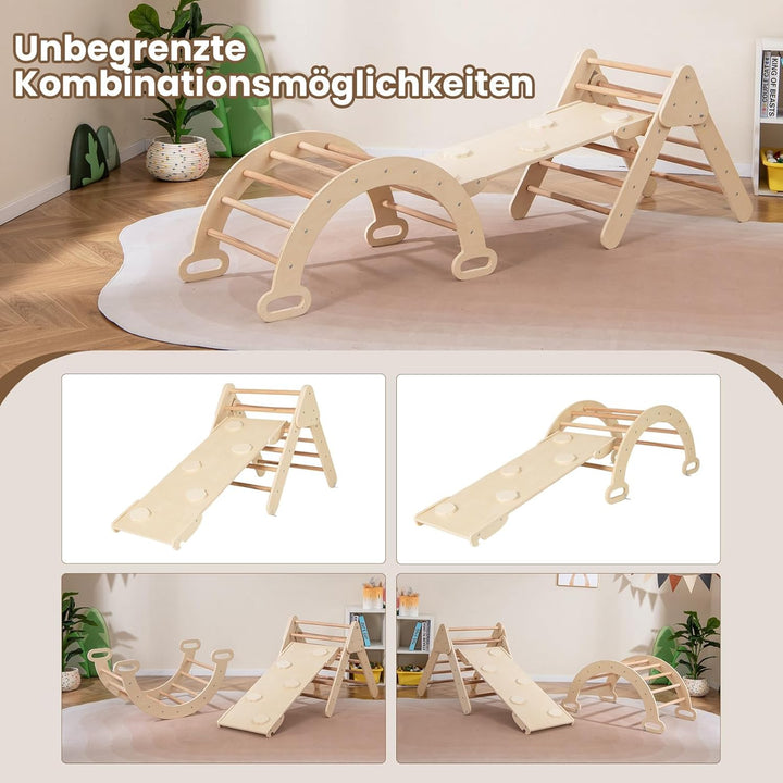 DREAMADE Montessori Kletterdreieck mit Kletterbogen und Rutsche, Holzdreieck für Kleinkinder ab 1 Ja