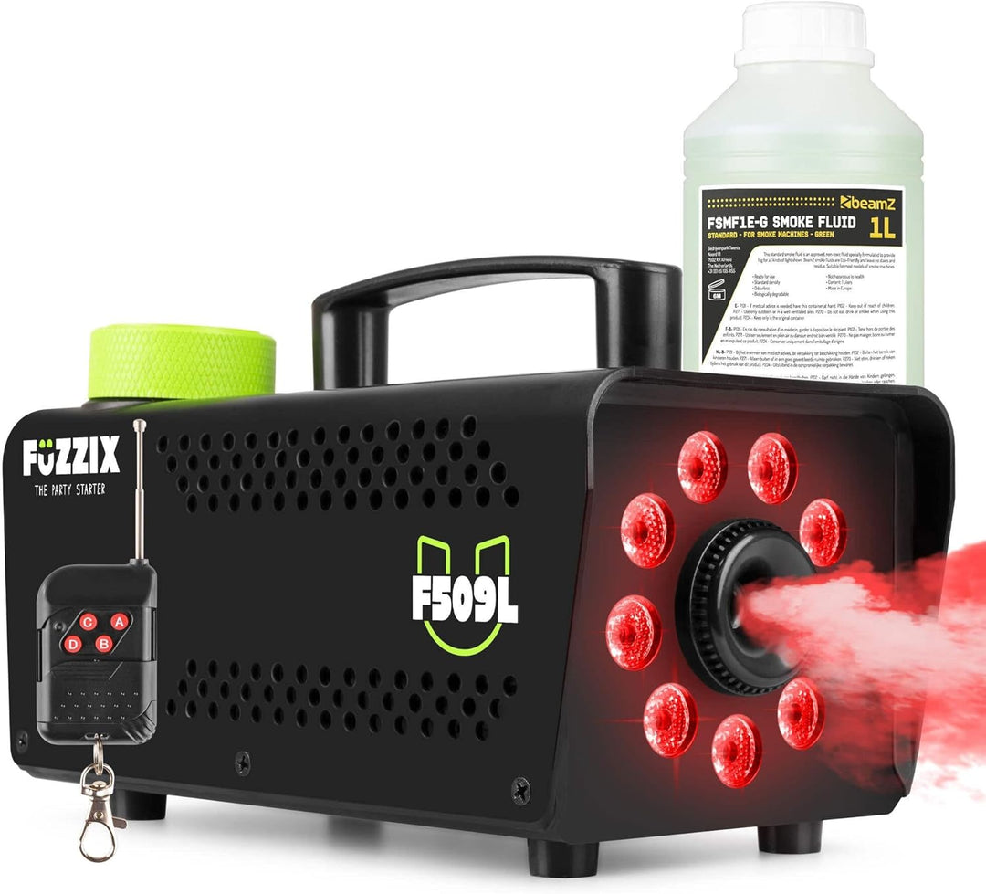 Fuzzix F509L Nebelmaschine Mini mit LED Lichteffekt und 1 Liter Nebelfluid, 500 Watt mit Fernbedienu
