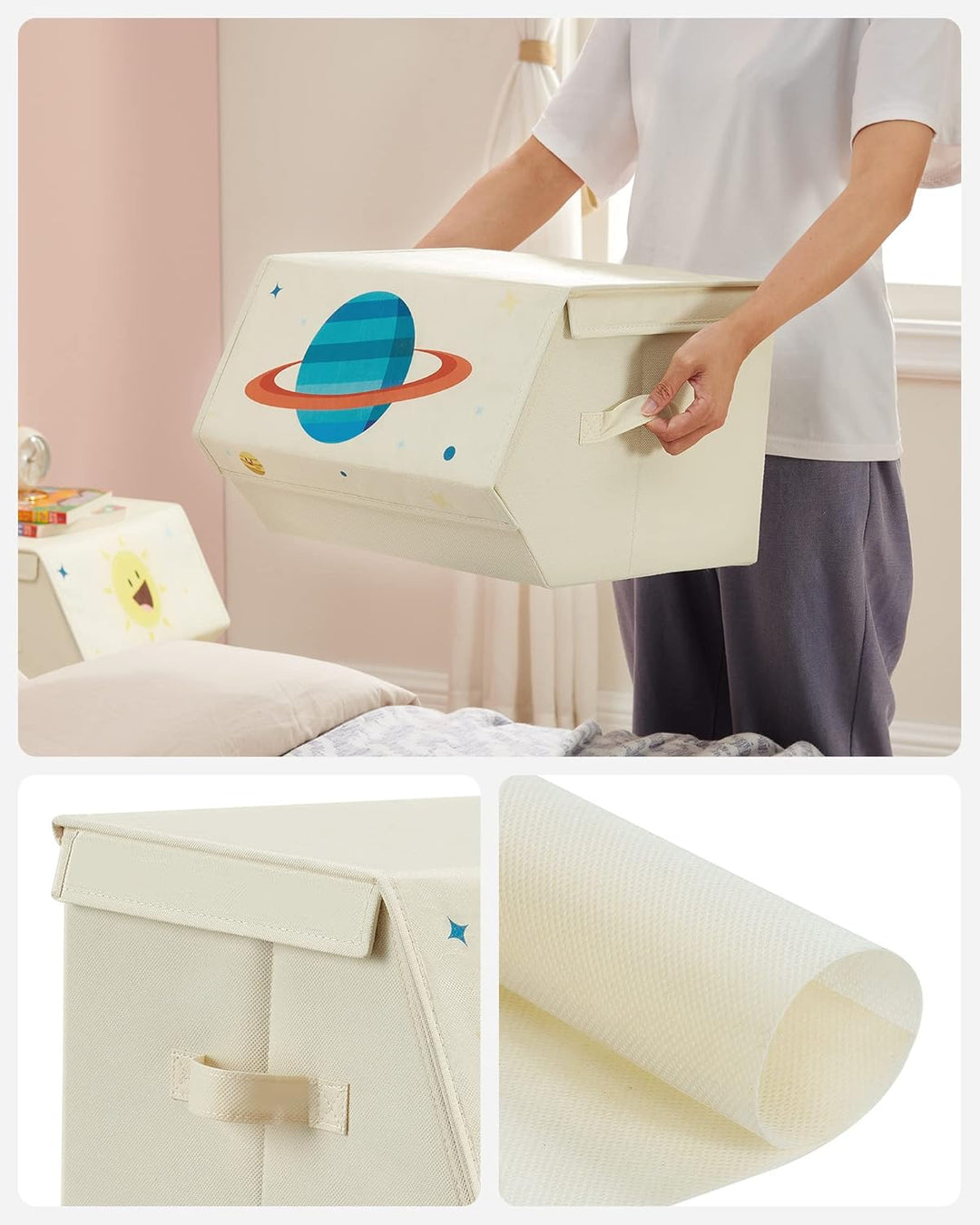 SONGMICS Aufbewahrungsbox Kinder, 3er Set, Faltboxen, Spielzeugkiste mit Deckel, 38 x 35 x 25 cm, fü