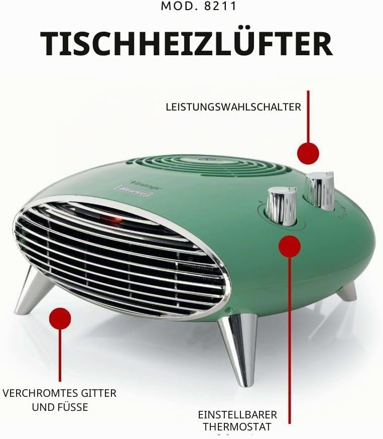 Ariete 8211 Tischheizlüfter, Elektroheizung, 2000 W, Thermostat, leise, verchromter Grill und Füsse,