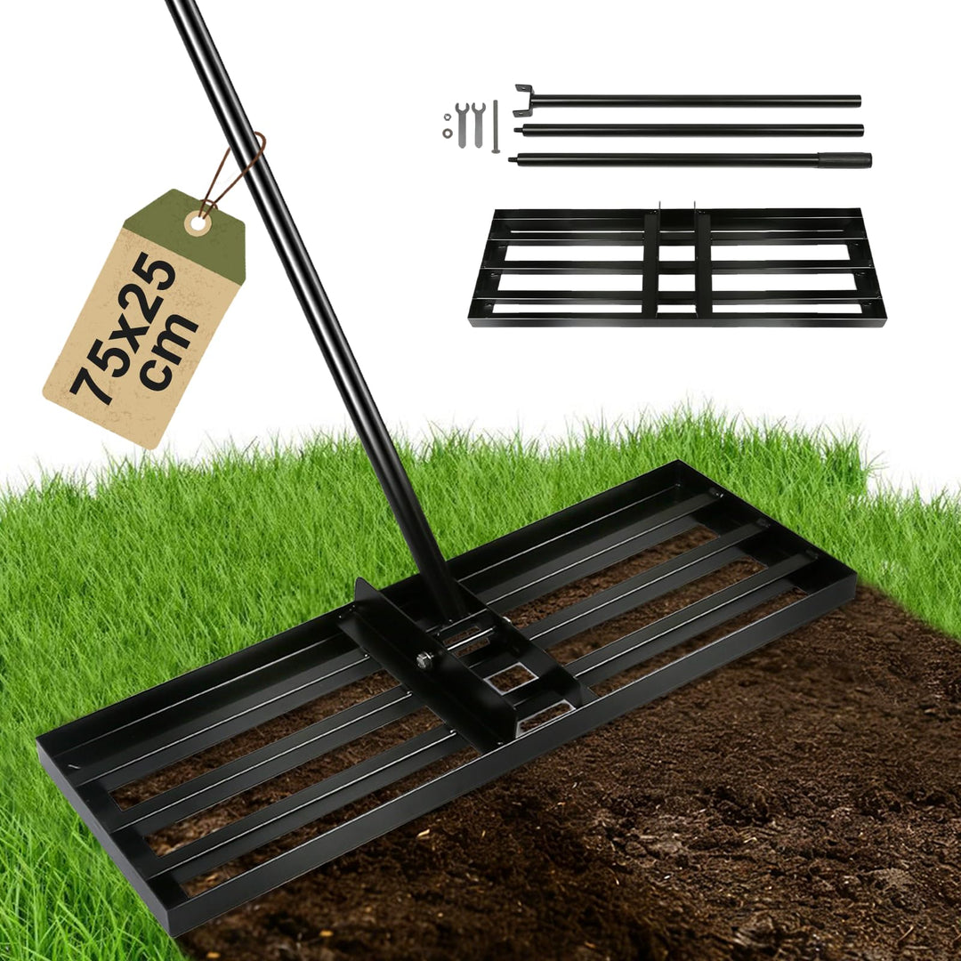Rasenrechen 75x25cm mit 2m Verstellbarem Griff & Drehsteckersystem , Handlicher Arbeitssparendes Ras